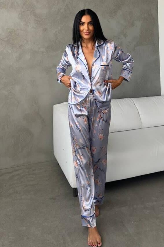 Çiçek Desenli Kadın Gömlek Detaylı Pijama Takımı - Mavi