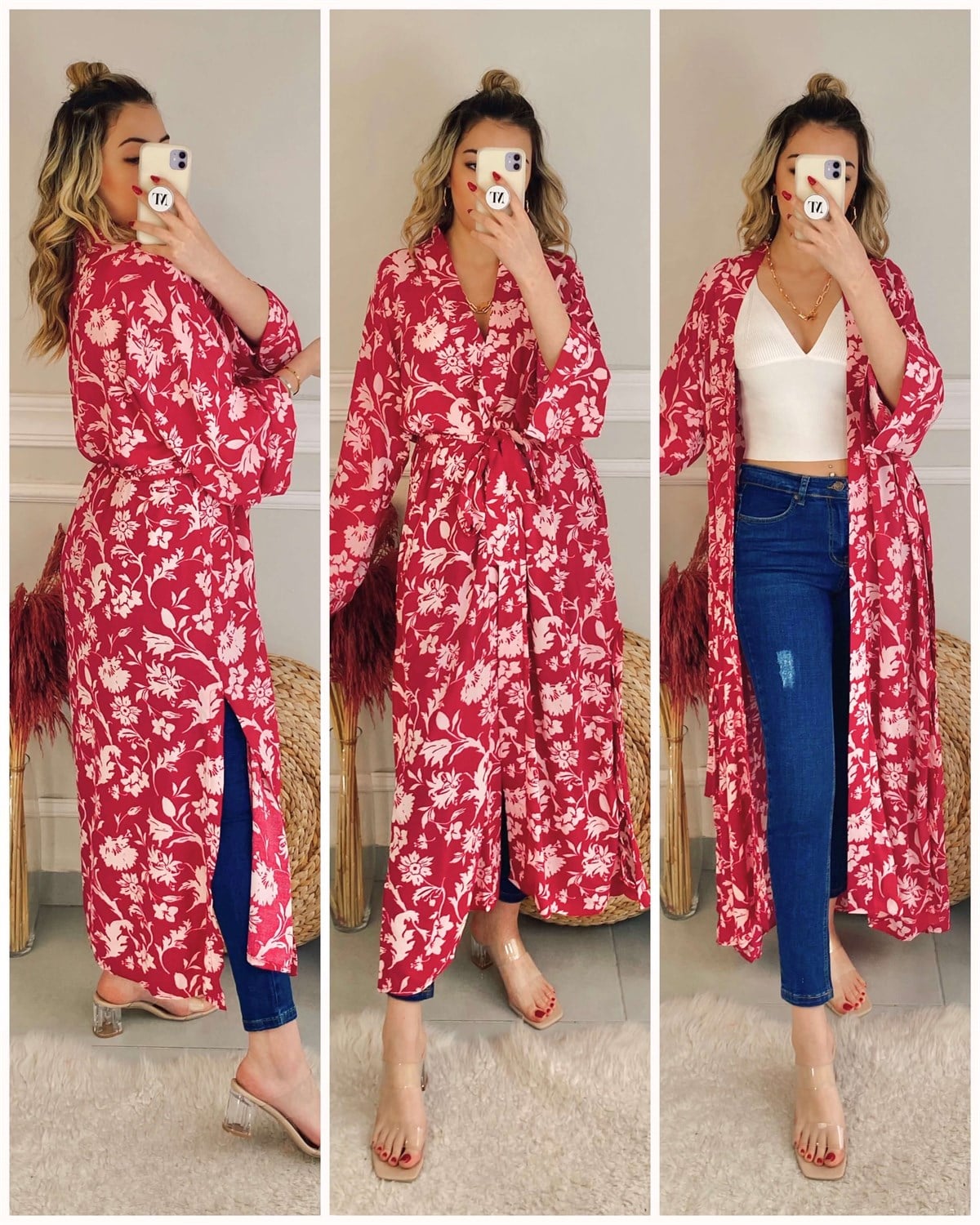 Çiçek Motifli Pembe Kimono Ceket
