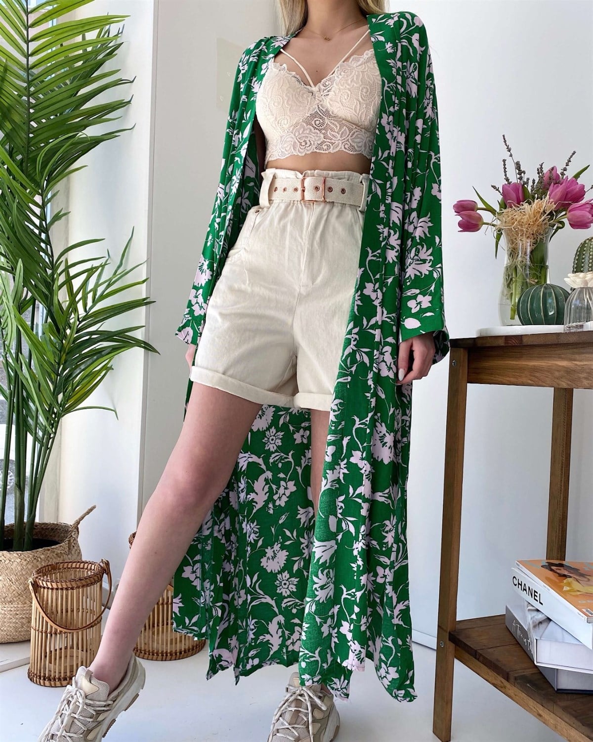 Çiçek Motifli Yeşil Kimono Ceket
