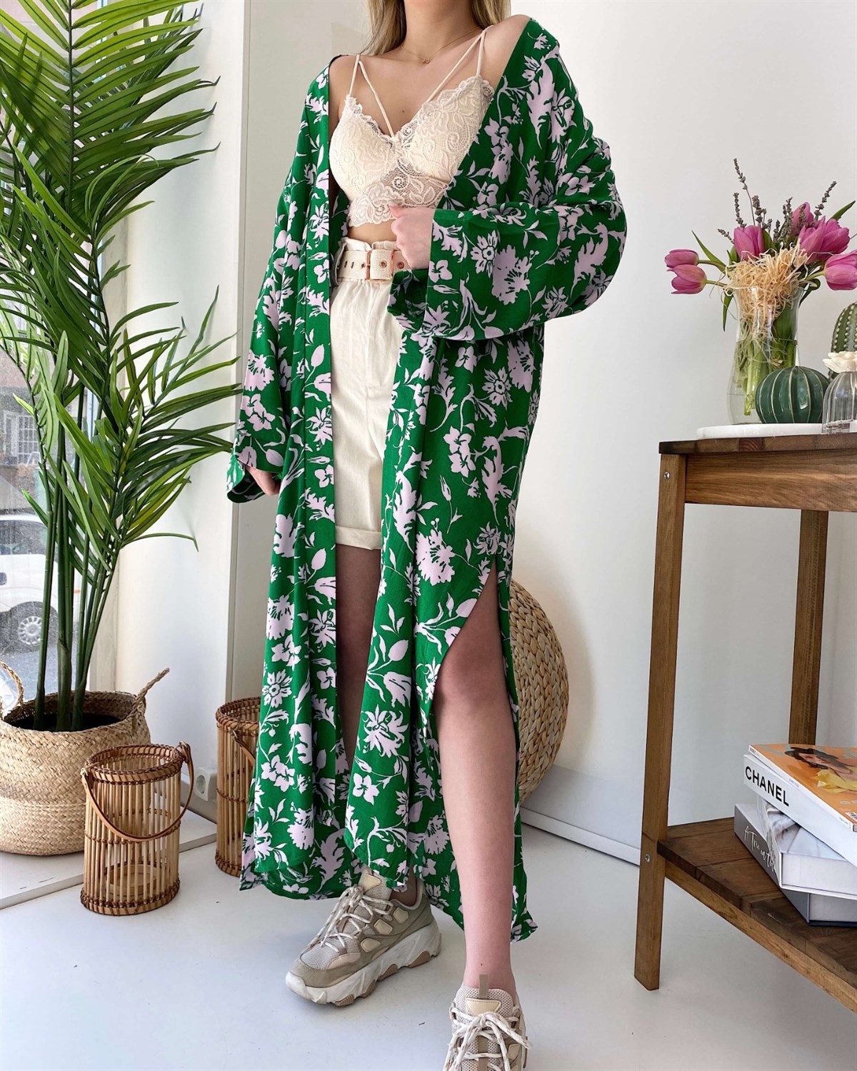 Çiçek Motifli Yeşil Kimono Ceket