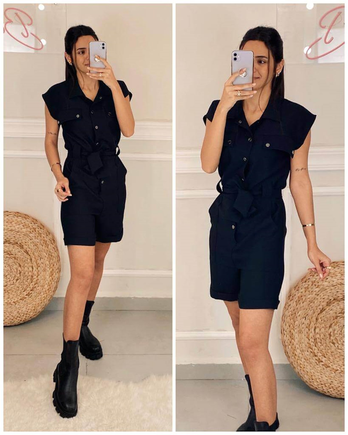 Çıtçıtlı Kısa Kol Siyah  Düz renk Kadın Tulum