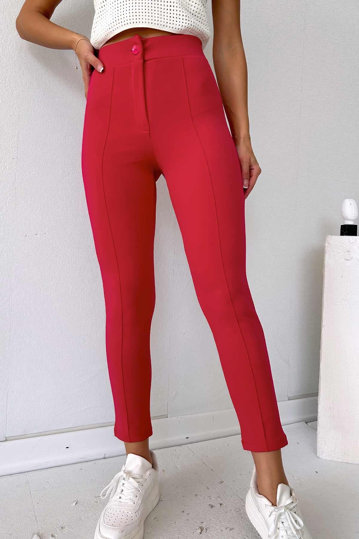 Dar Paça Full Likralı Yüksek Bel Kadın Pantolon - Pembe