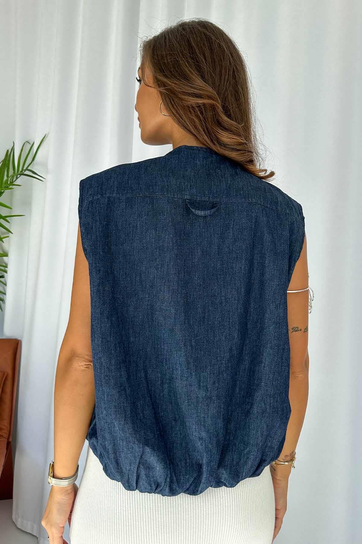 Denim Büyük Cep Fermuarlı Kadın Yelek