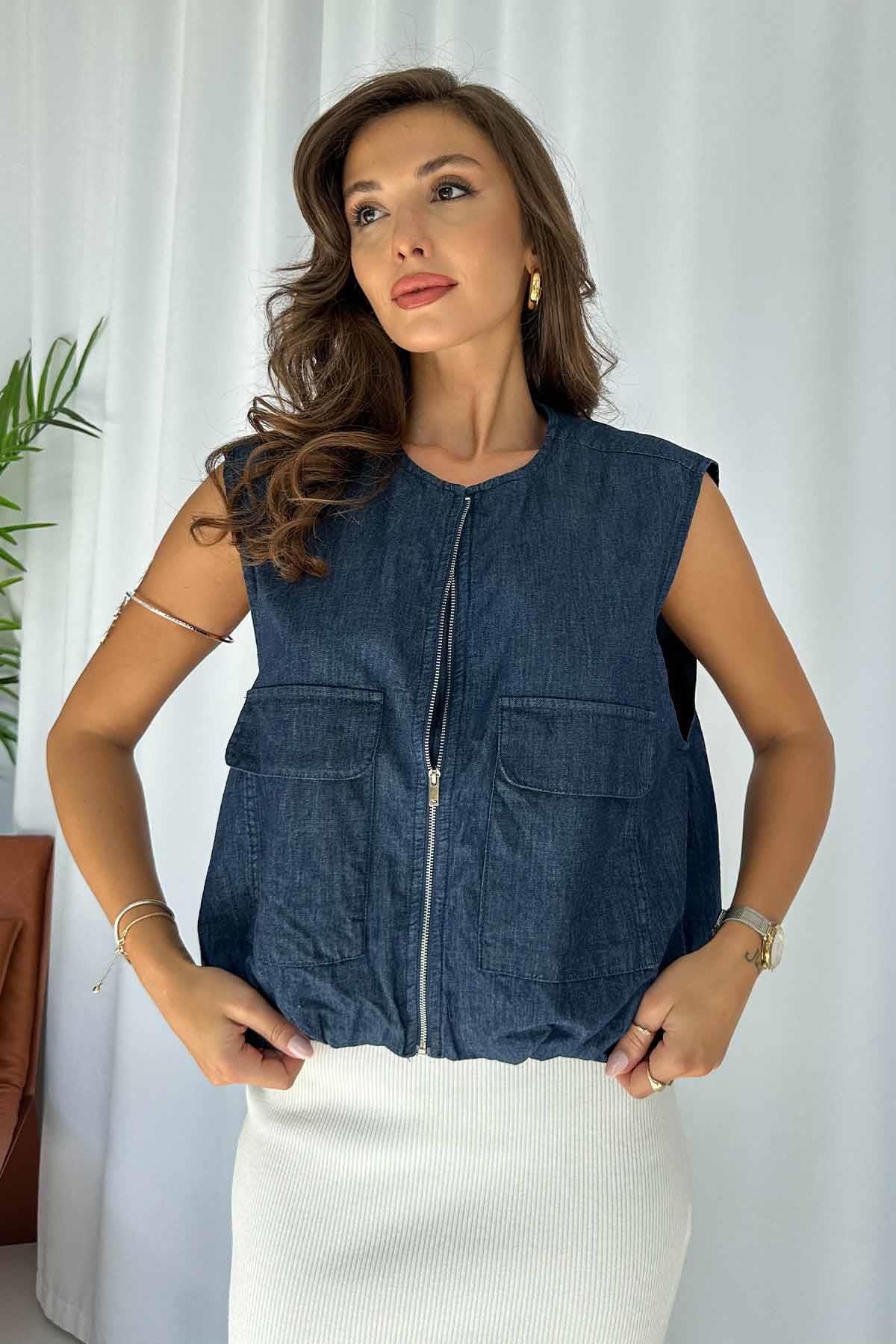 Denim Büyük Cep Fermuarlı Kadın Yelek