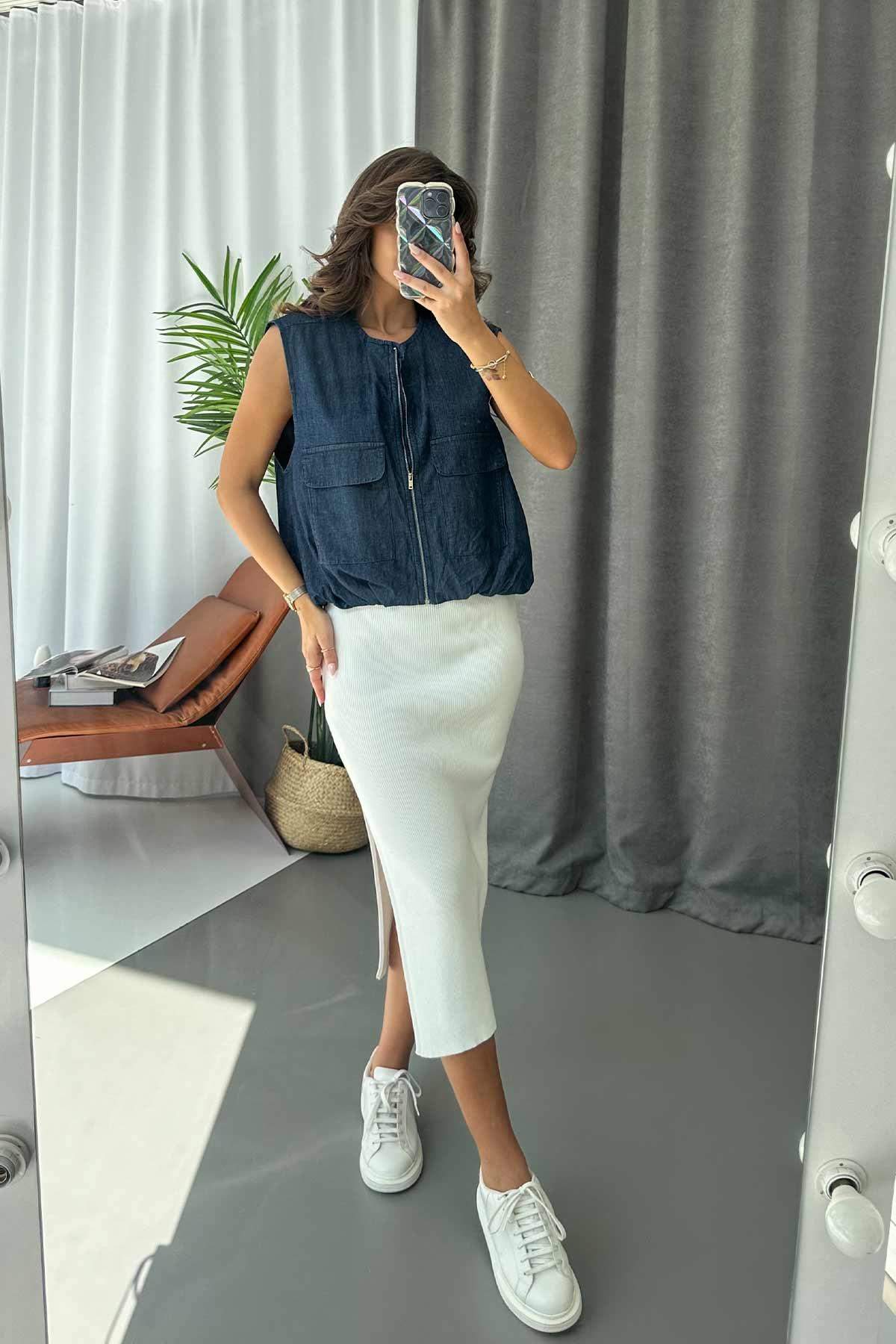 Denim Büyük Cep Fermuarlı Kadın Yelek