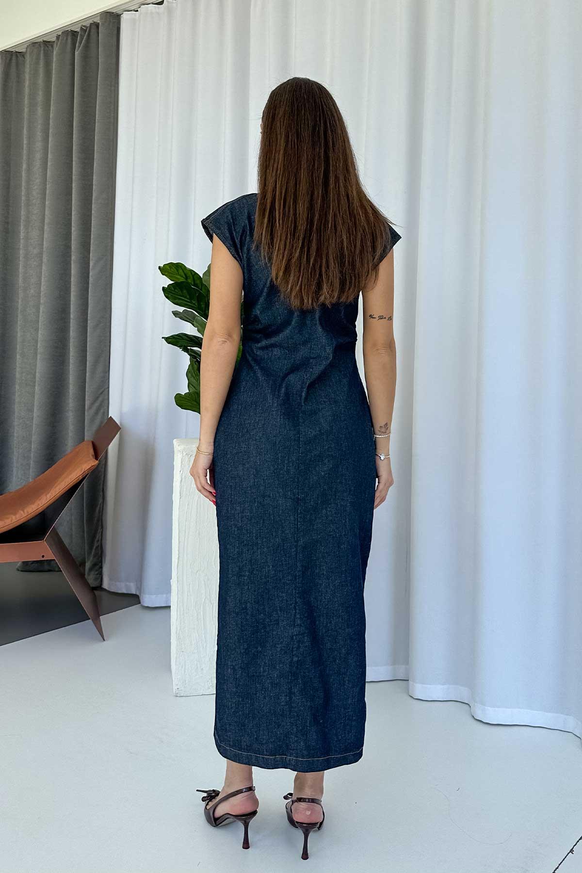 Denim Büzgü Detay Uzun Kadın Elbise - Lacivert