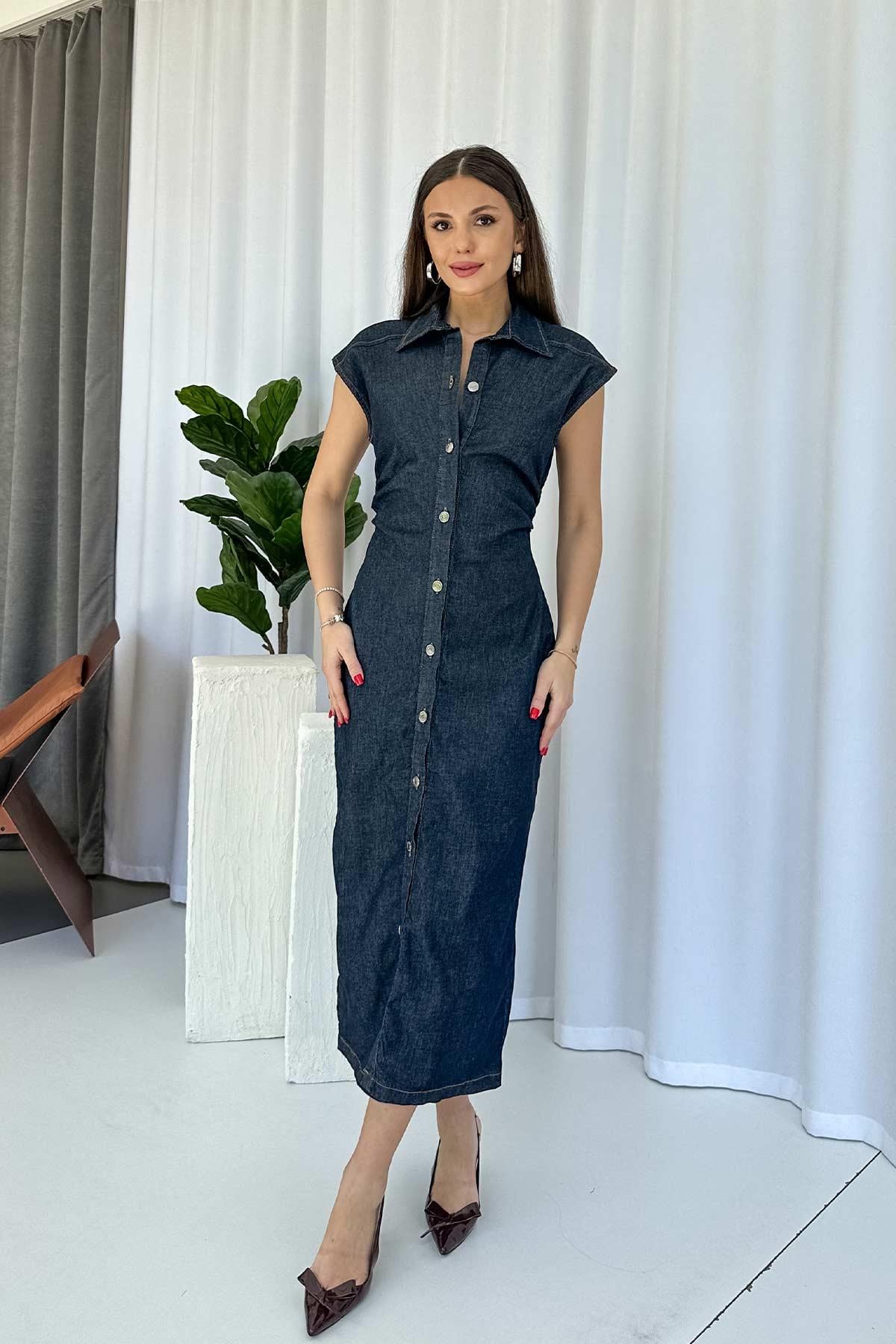Denim Büzgü Detay Uzun Kadın Elbise - Lacivert