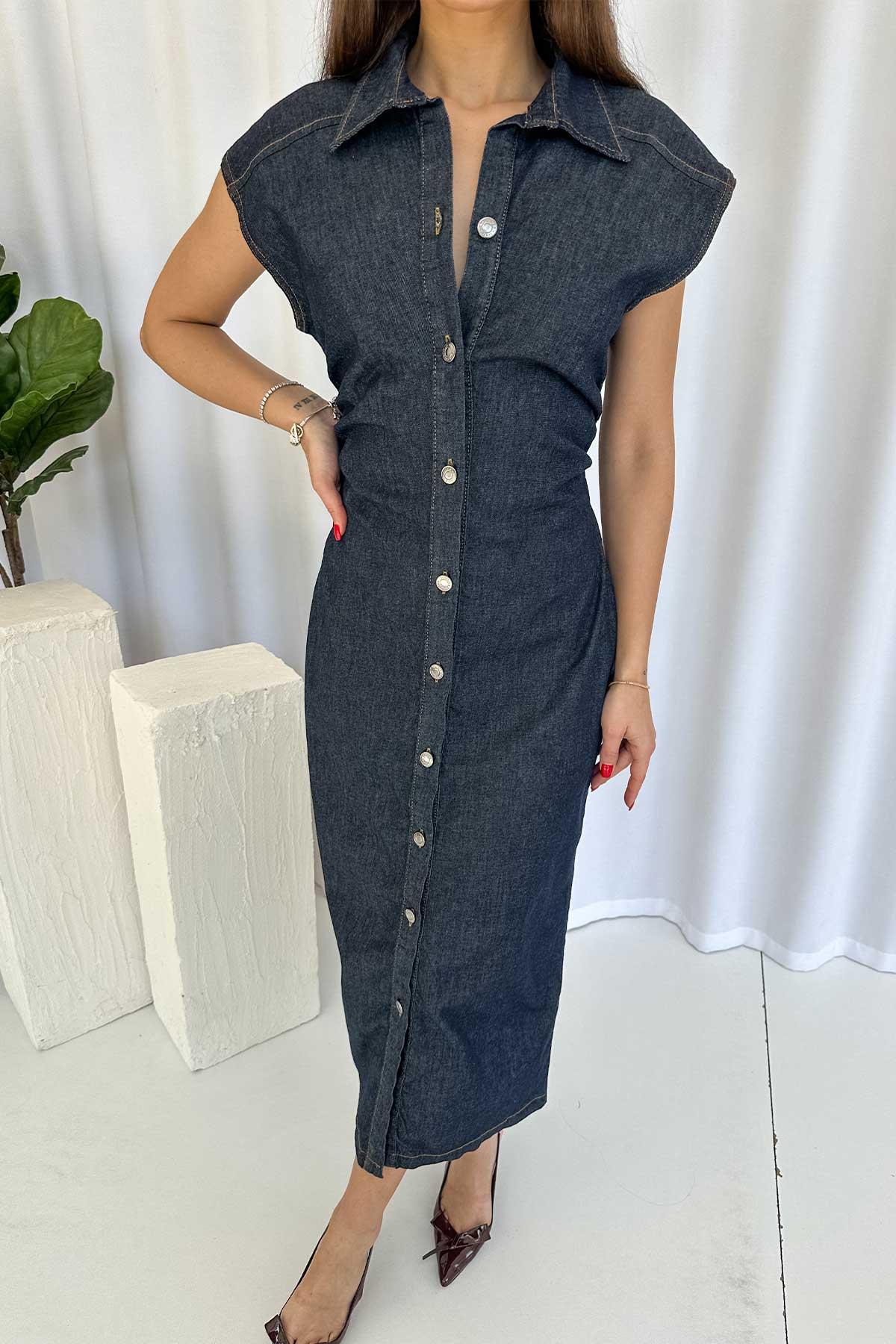 Denim Büzgü Detay Uzun Kadın Elbise - Lacivert