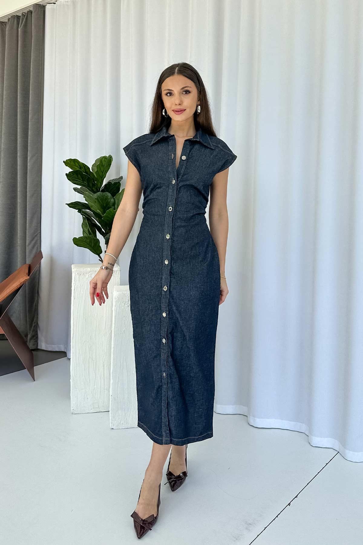 Denim Büzgü Detay Uzun Kadın Elbise - Lacivert