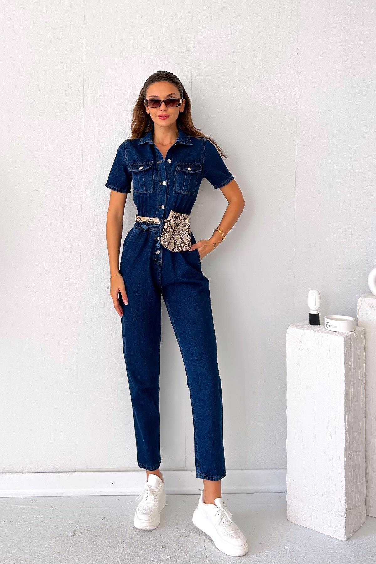 Denim Kısa Kol Kadın Tulum 