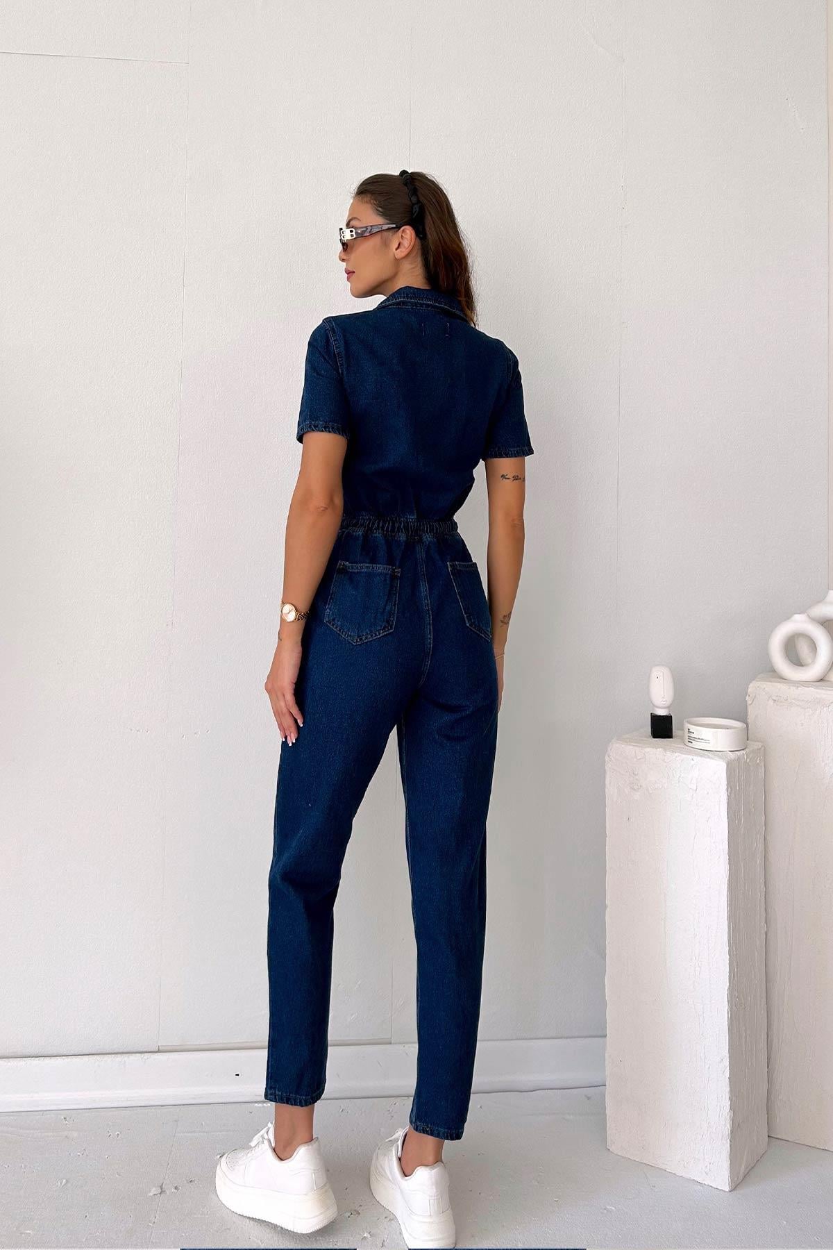 Denim Kısa Kol Kadın Tulum 