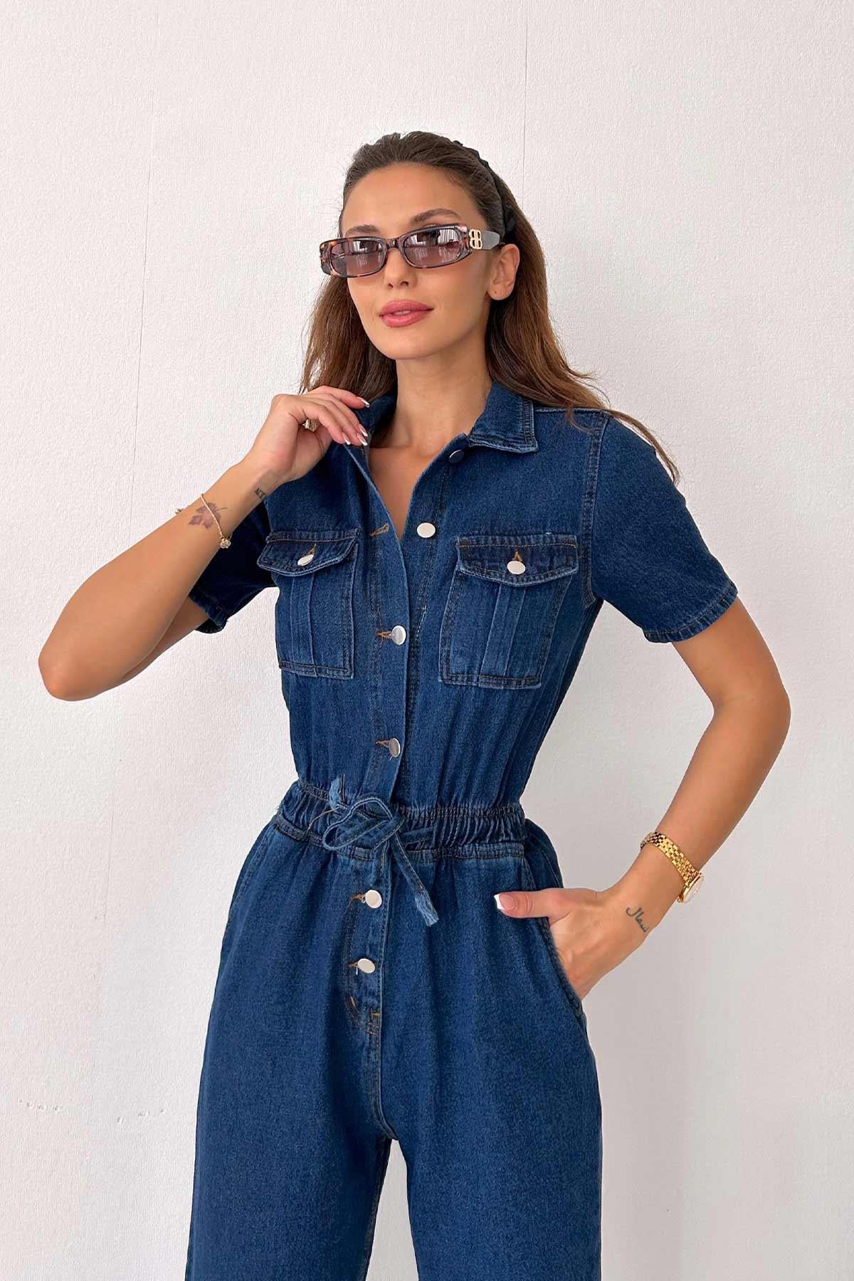 Denim Kısa Kol Kadın Tulum 