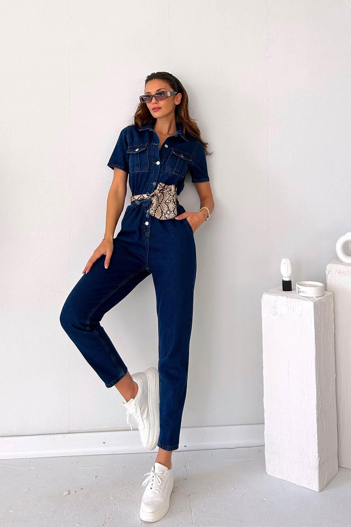 Denim Kısa Kol Kadın Tulum 