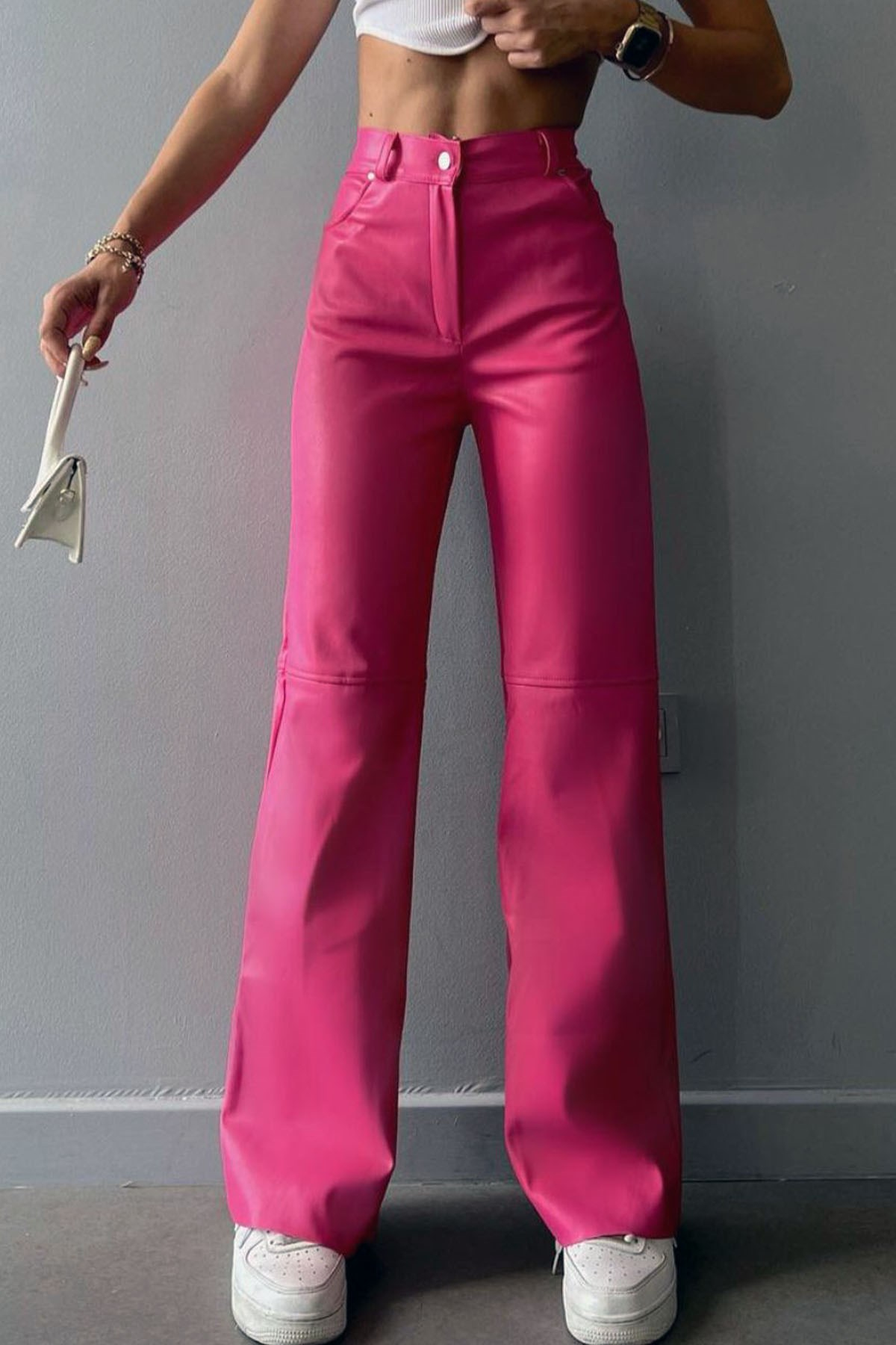 Deri  Boru Paça Pantolon - Pembe