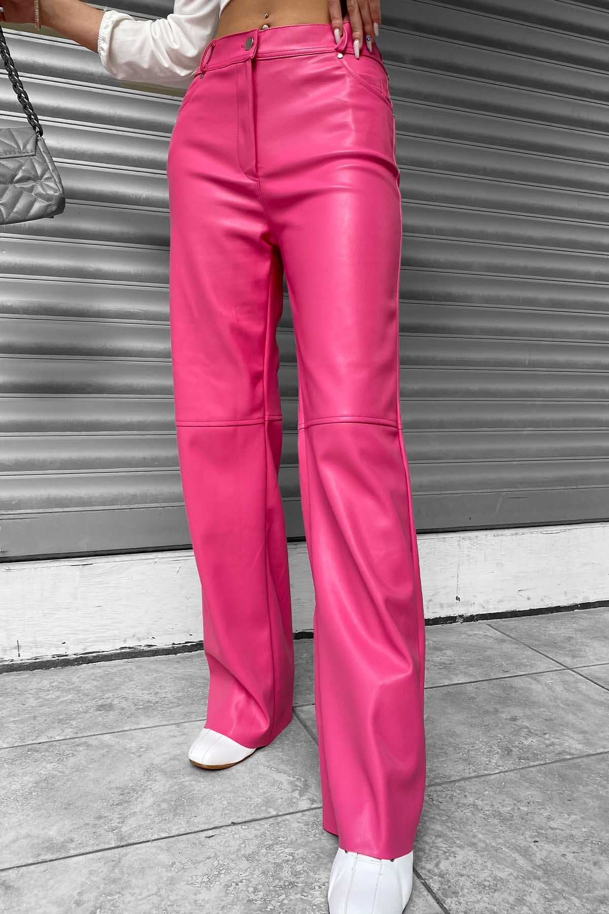 Deri  Boru Paça Pantolon - Pembe