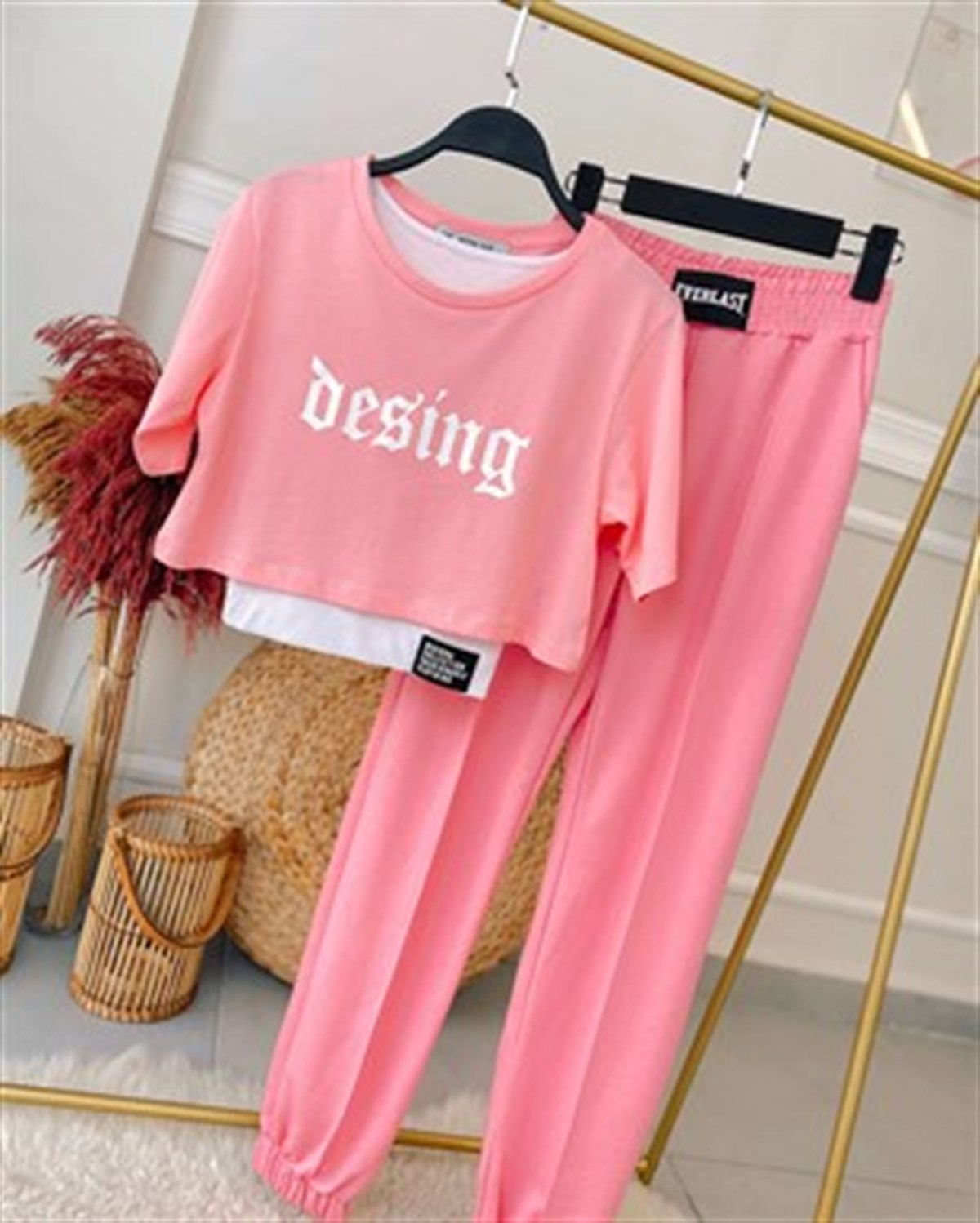 Design Yazılı Crop Bluz - Pembe