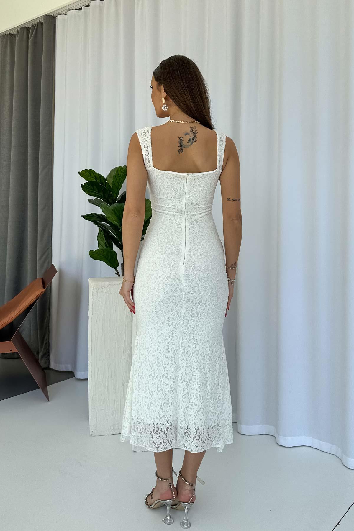 Drape Detay Dantel İşlemeli Balık Form Kadın Elbise - Beyaz