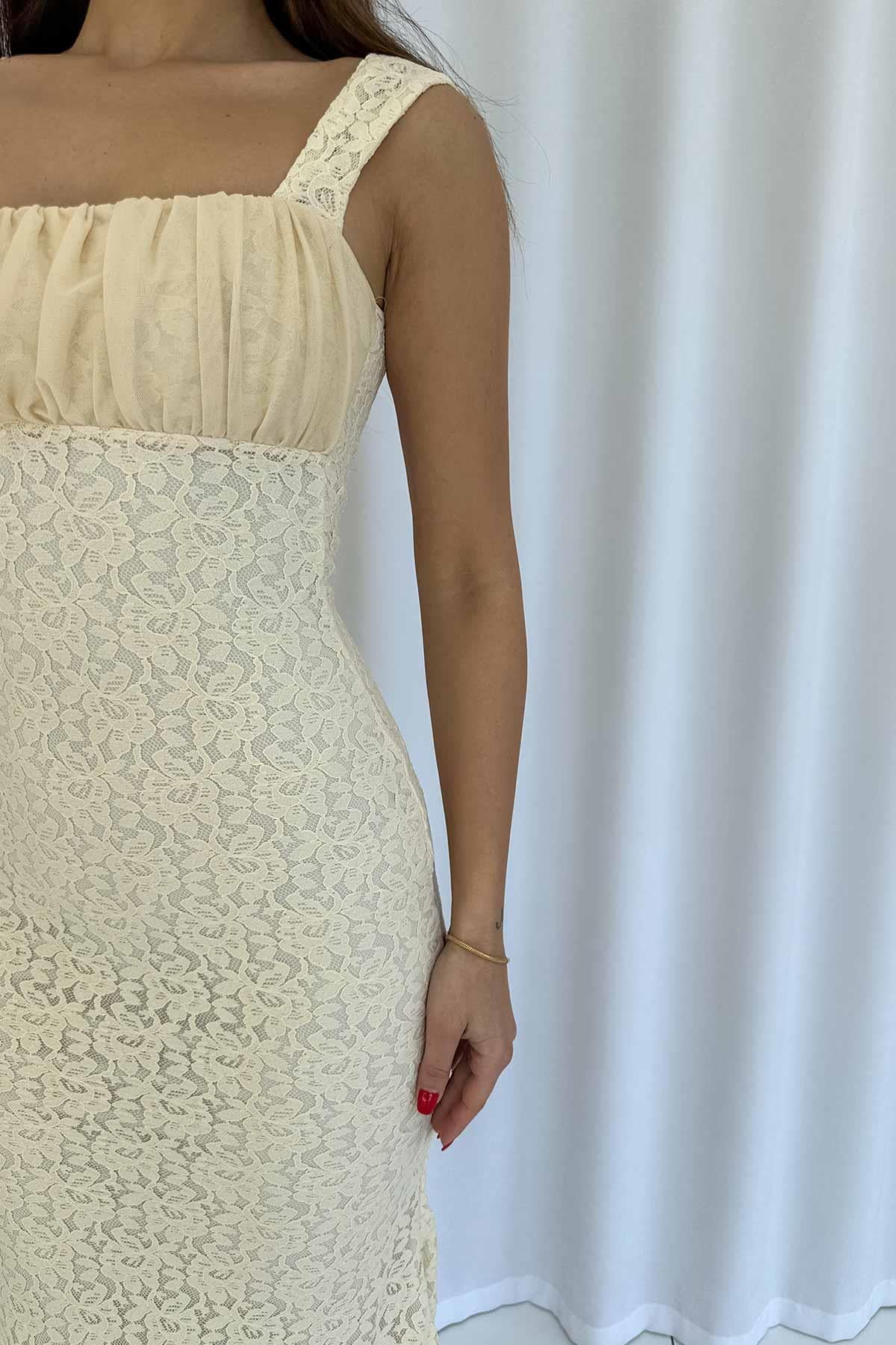 Drape Detay Dantel İşlemeli Balık Form Kadın Elbise - Bej