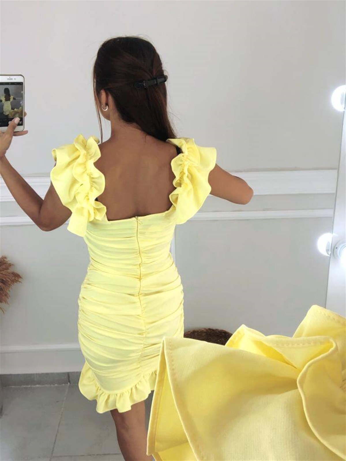 Drape Düğmeli Sarı Elbise