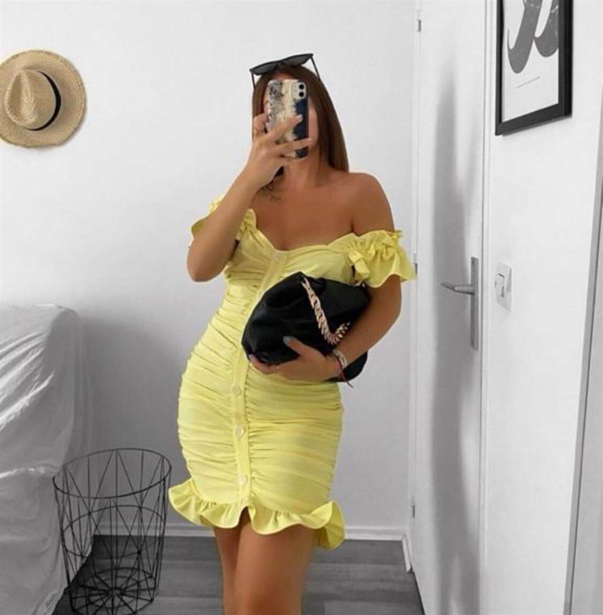 Drape Düğmeli Sarı Elbise