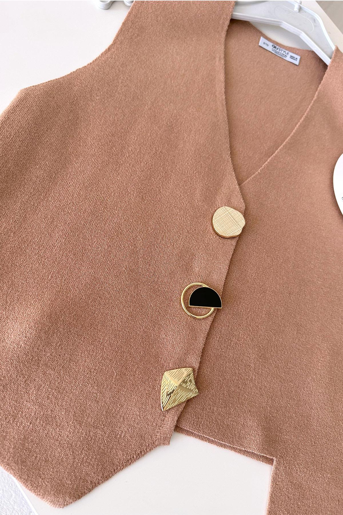 Düğme Detay Triko Yelek - Camel