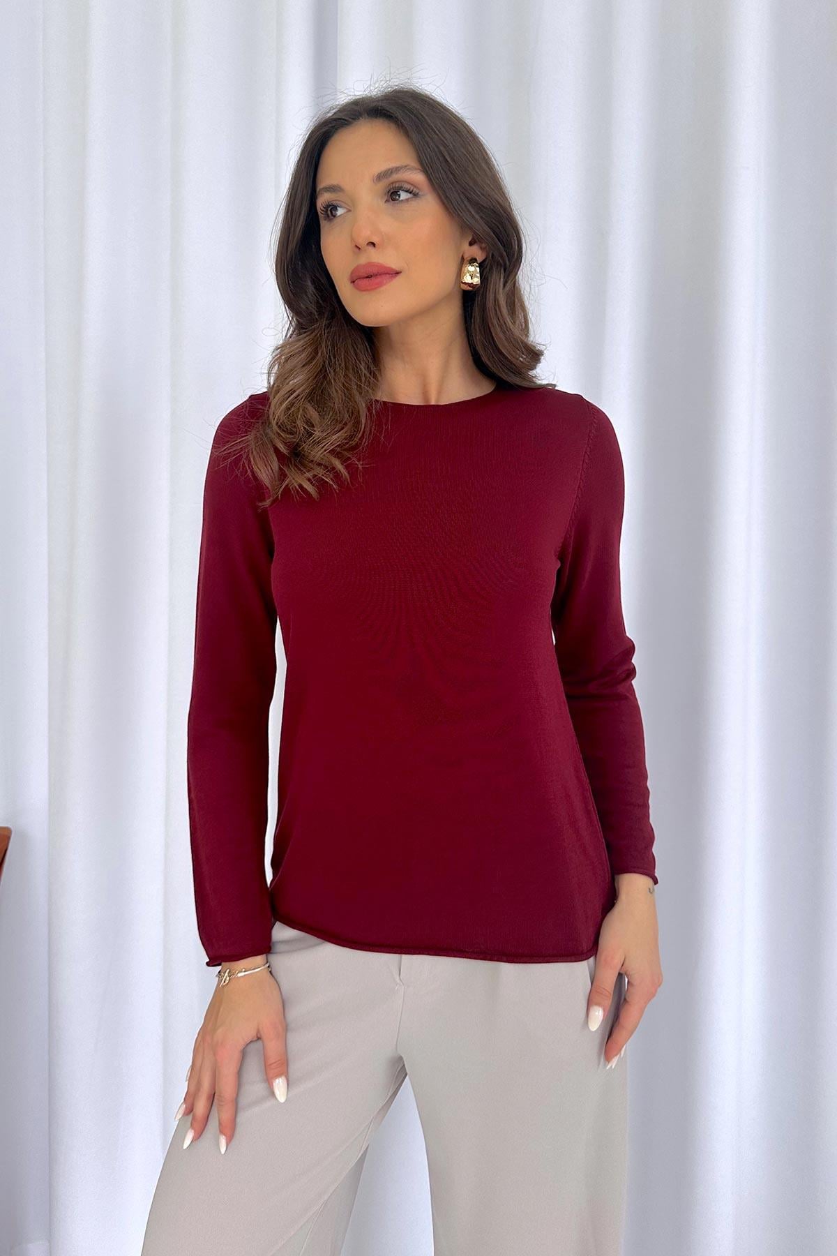 Düz Kayık Yaka İnce Kadın Triko - Bordo
