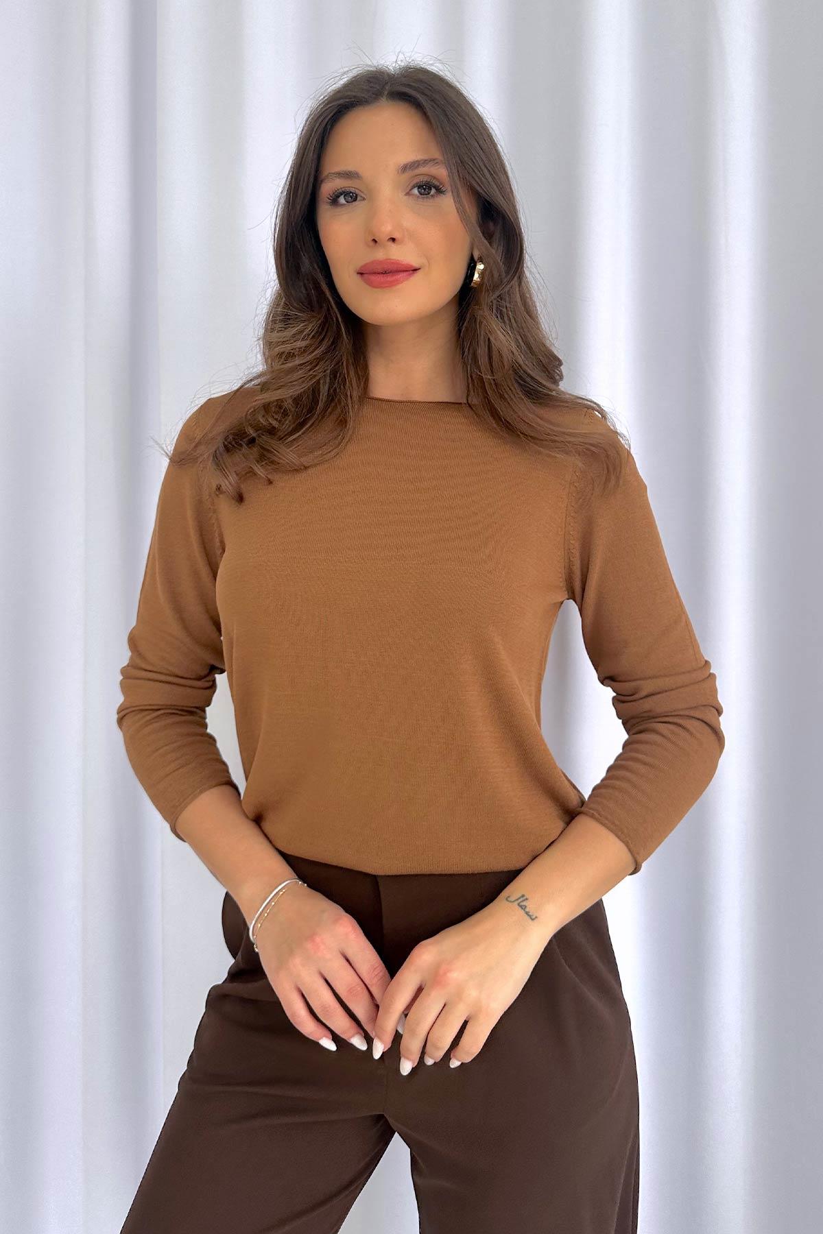 Düz Kayık Yaka İnce Kadın Triko - Kahve