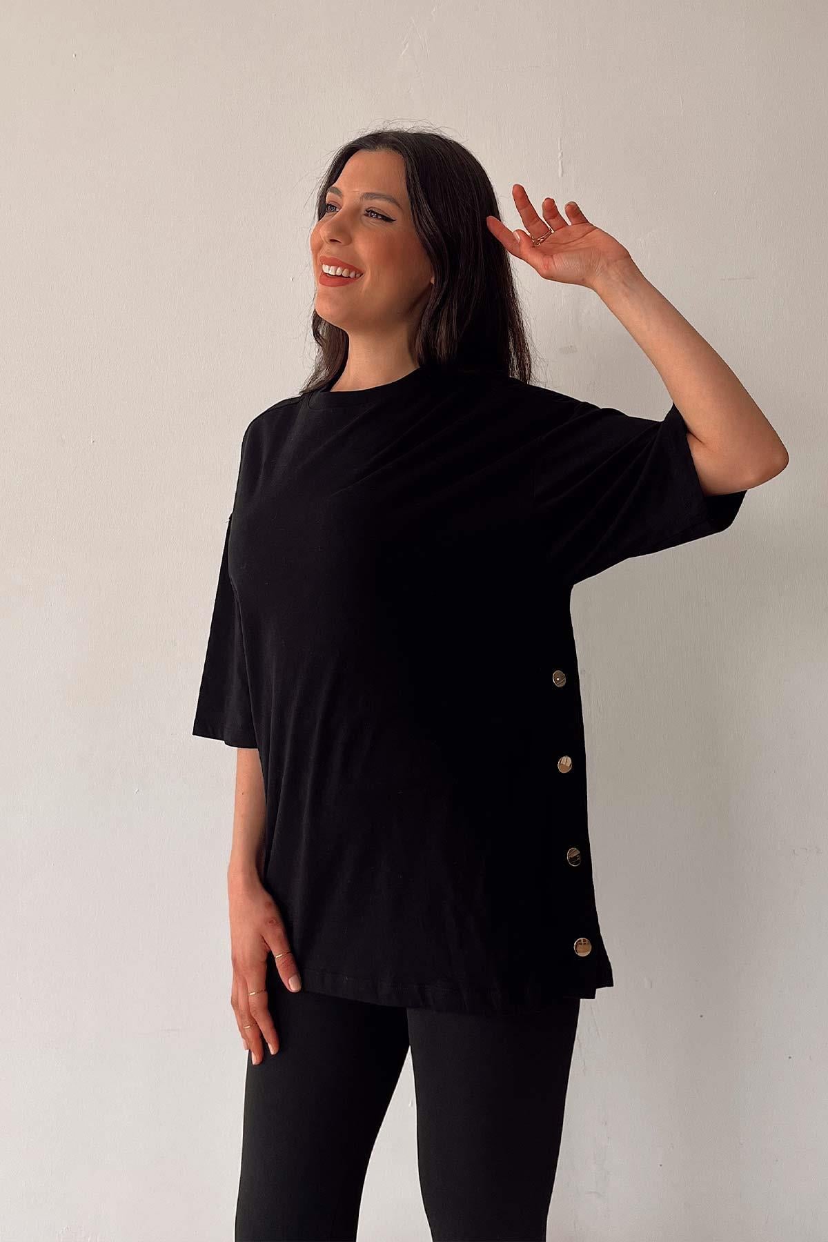 Düz Renk Kısa Kol Zımba Detaylı T-Shirt - Siyah