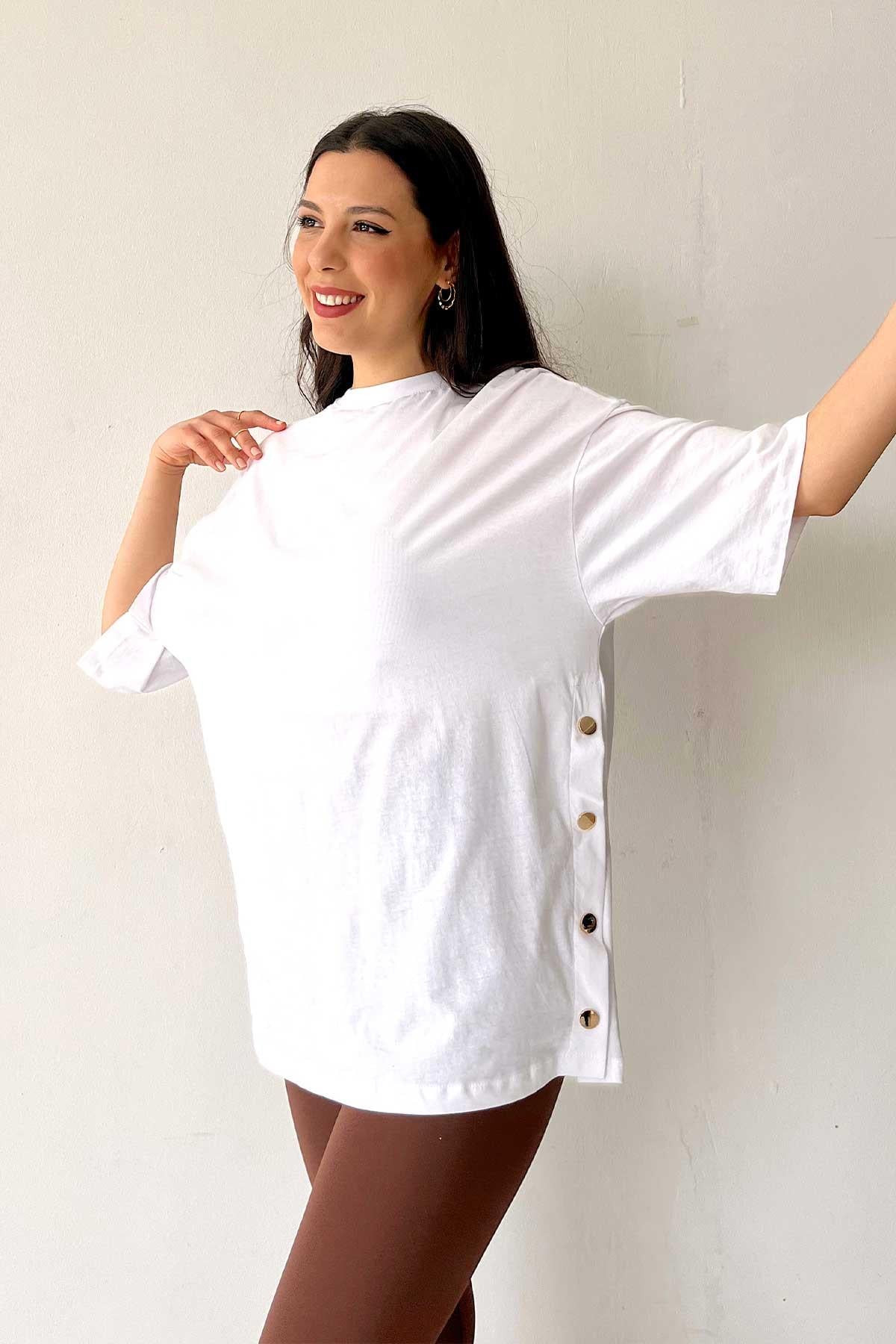 Düz Renk Kısa Kol Zımba Detaylı T-Shirt - Beyaz