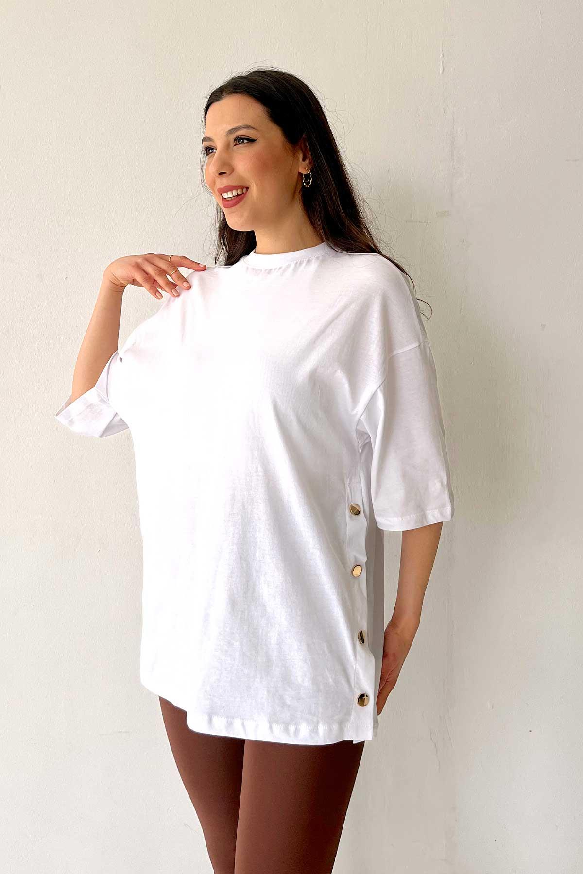 Düz Renk Kısa Kol Zımba Detaylı T-Shirt - Beyaz