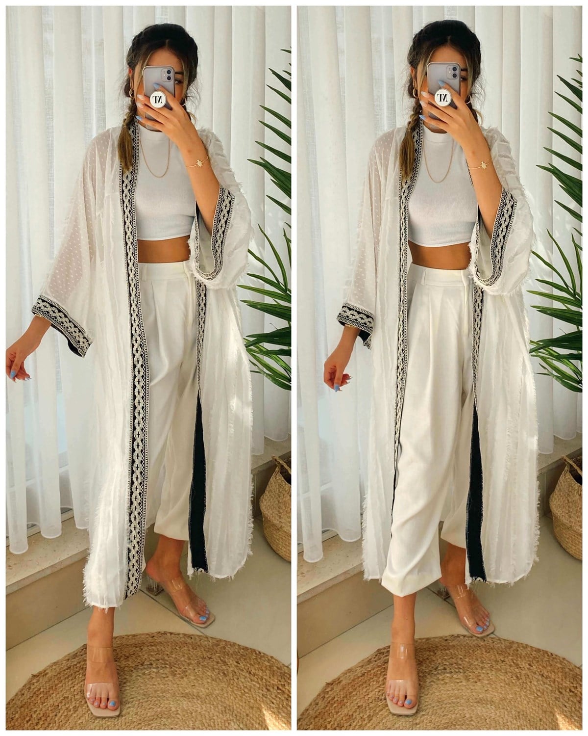Etek Ucu Beyaz Dik Nakış Detay Çiçek Motifli Kimono Ceket