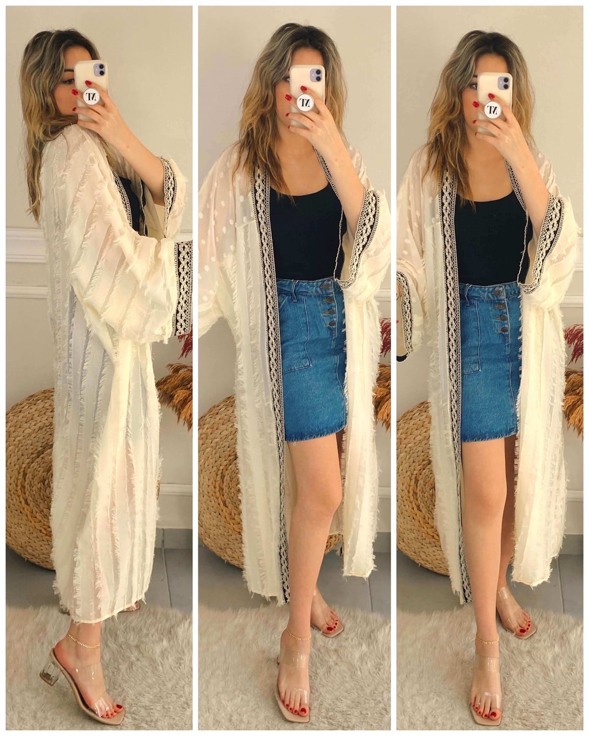 Etek Ucu Beyaz Dik Nakış Detay Çiçek Motifli Kimono Ceket