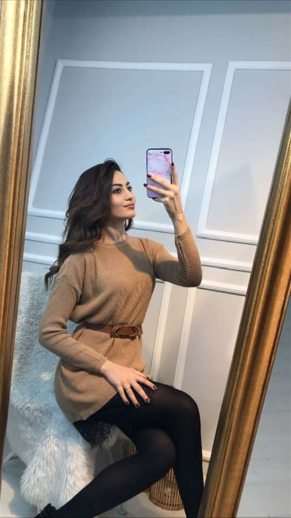 Etek Ucu Dantel Triko Elbise-Taba