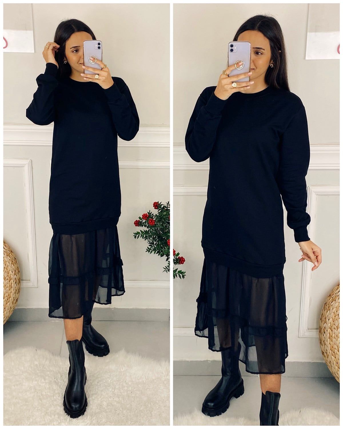 Etek Ucu Tül Sweat Elbise