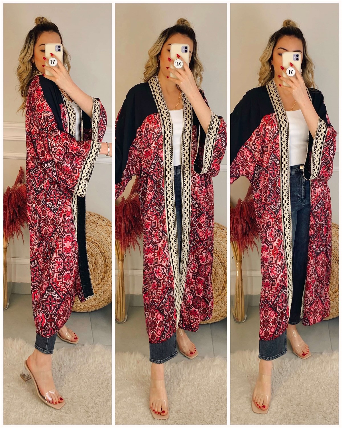 Etnik Motifli Pembe Kimono Ceket