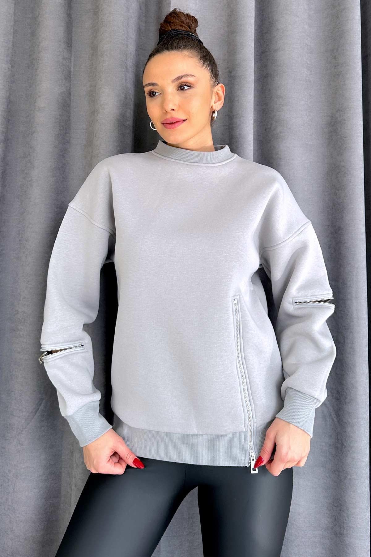 Fermuar Detaylı 3 Renk Kadın Kısa  Sweatshirt - Gri