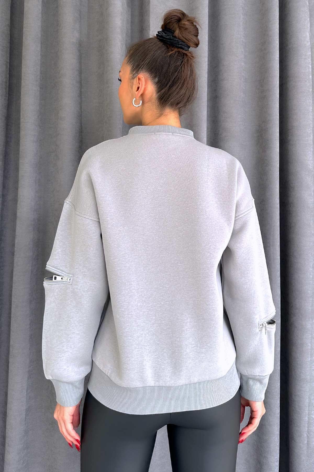 Fermuar Detaylı 3 Renk Kadın Kısa  Sweatshirt - Gri
