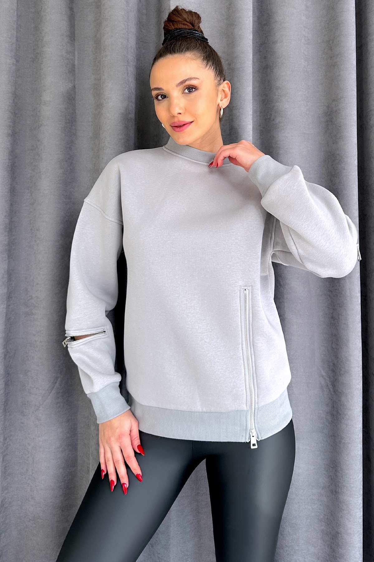 Fermuar Detaylı 3 Renk Kadın Kısa  Sweatshirt - Gri