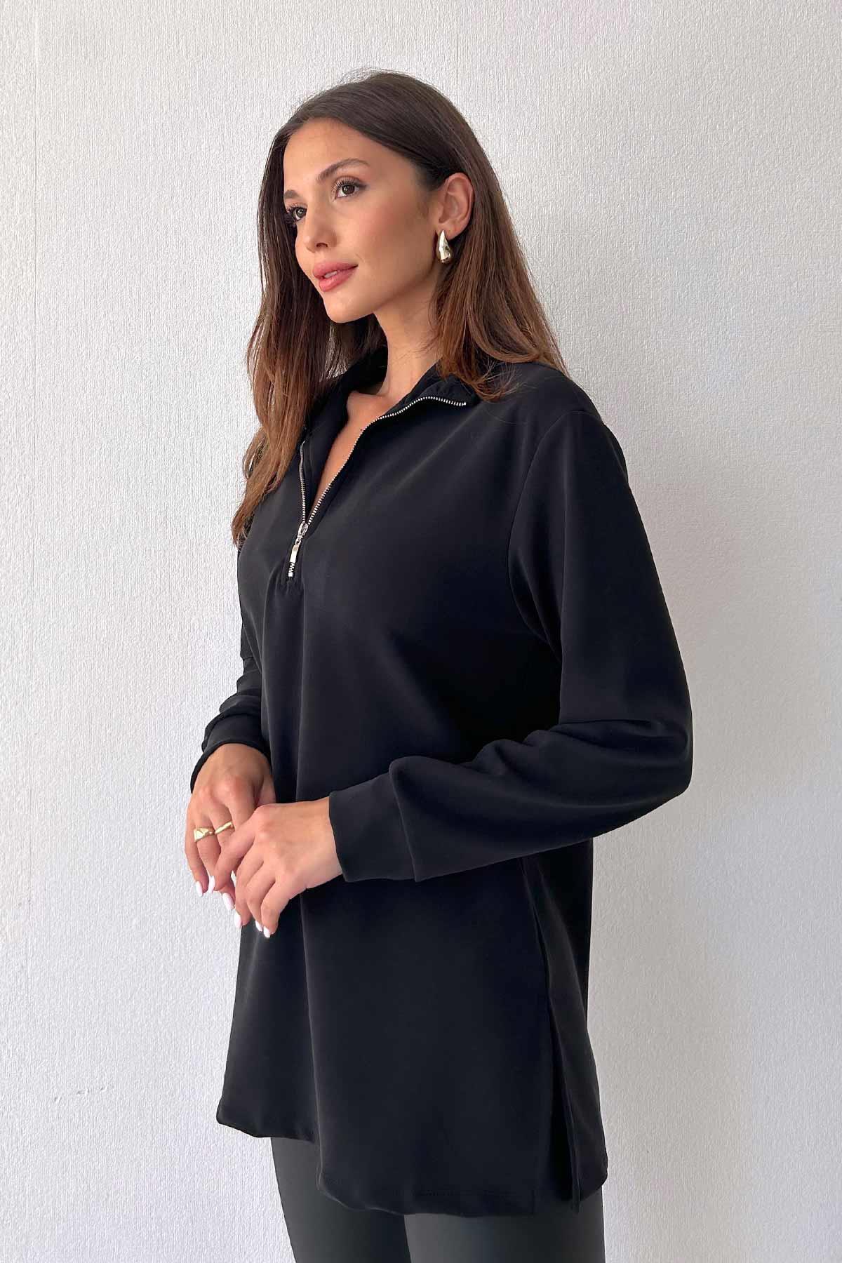 Fermuar Detaylı Modal Kadın  Sweatshirt - Siyah