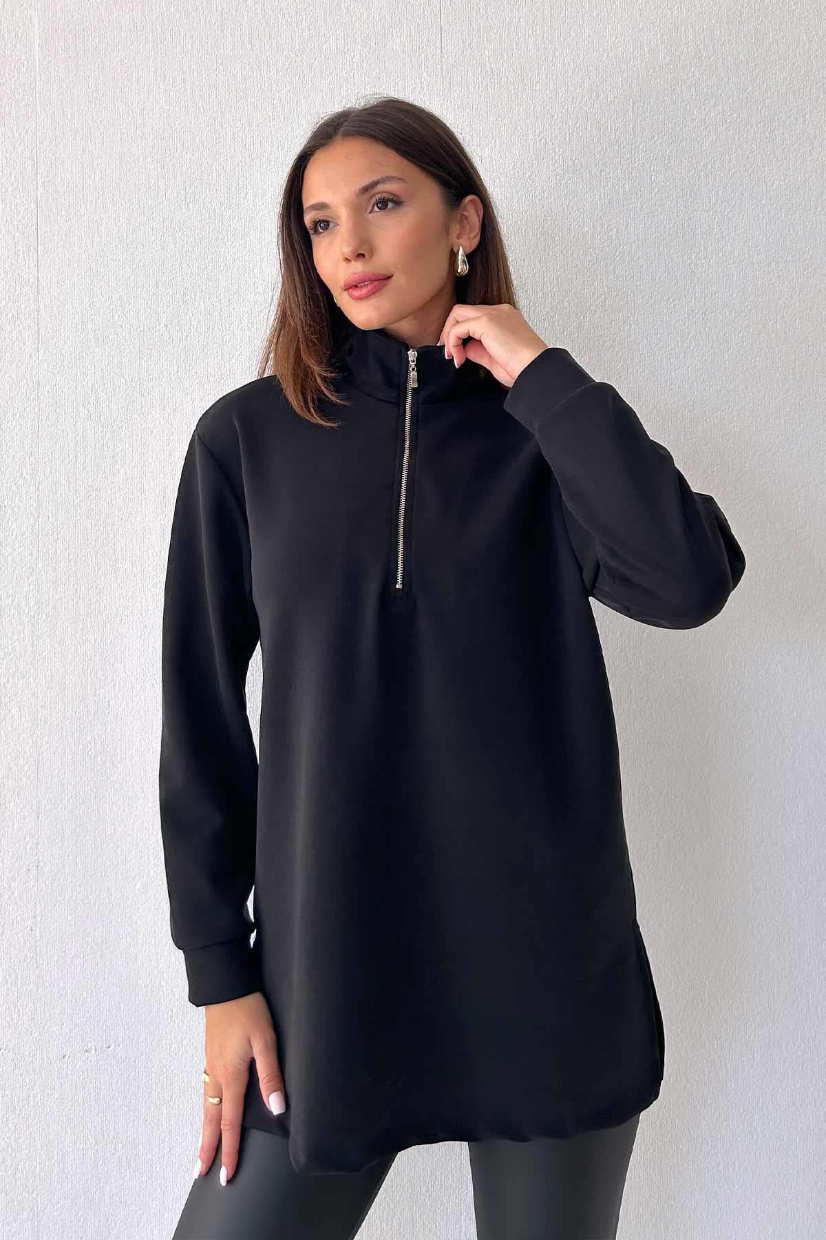 Fermuar Detaylı Modal Kadın  Sweatshirt - Siyah