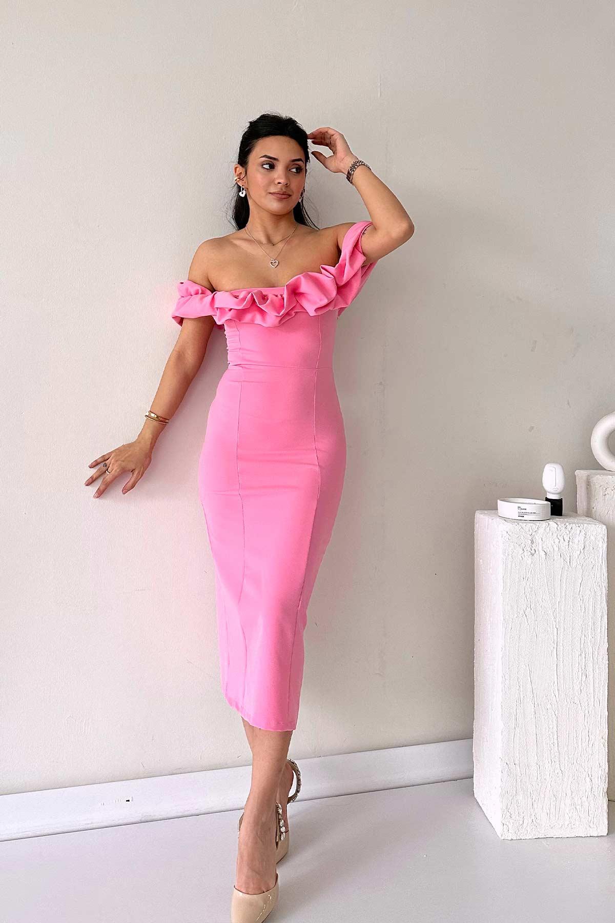Fırfırlı Straplez Kalem Kesim Kadın  Elbise - Pembe