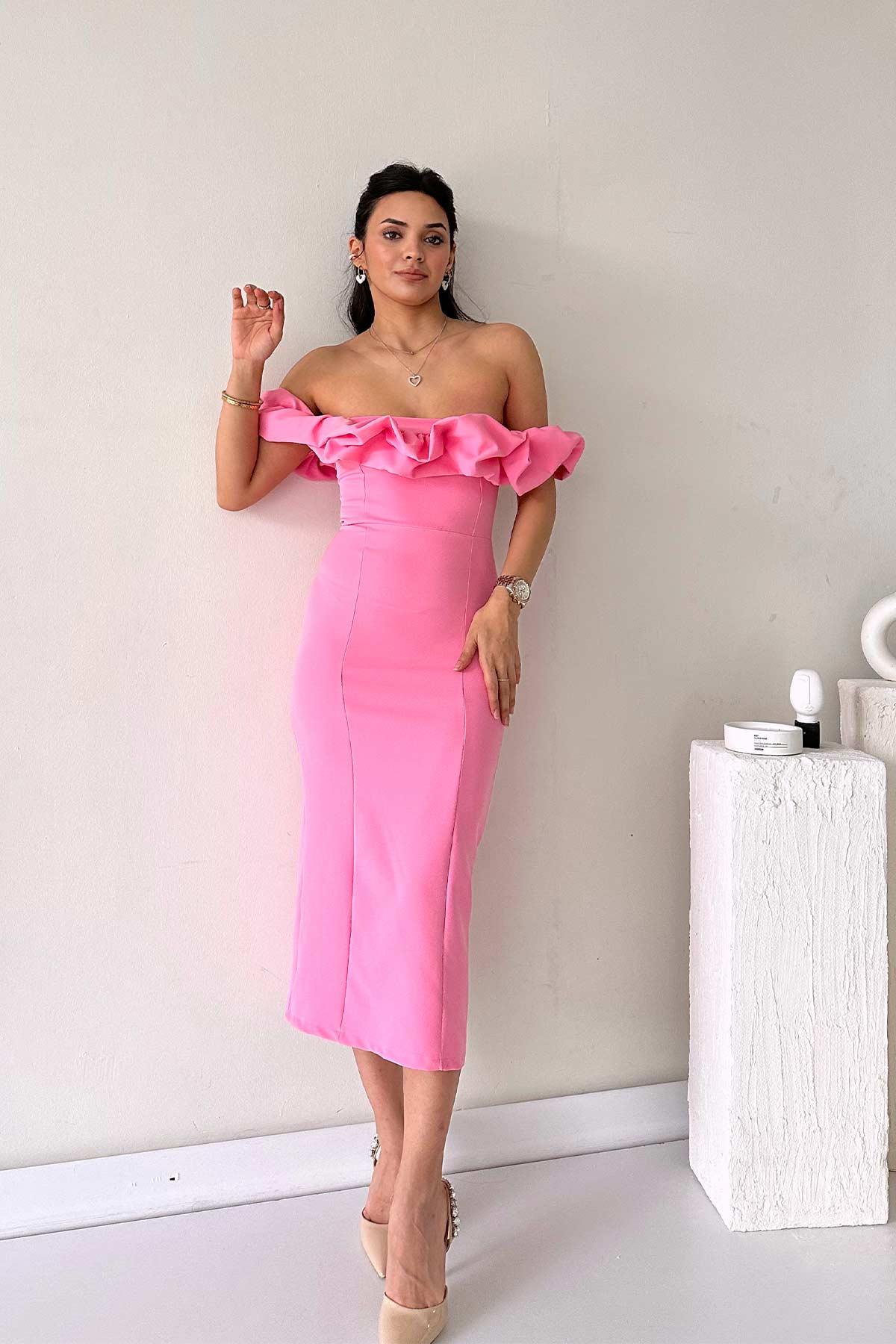 Fırfırlı Straplez Kalem Kesim Kadın  Elbise - Pembe