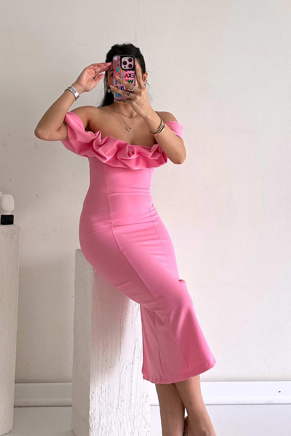 Fırfırlı Straplez Kalem Kesim Kadın  Elbise - Pembe
