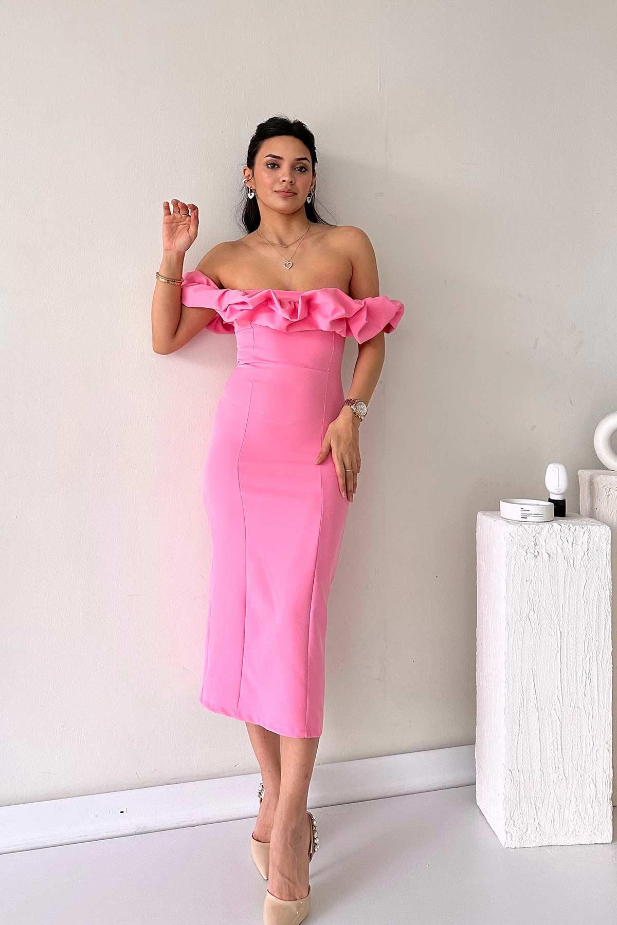 Fırfırlı Straplez Kalem Kesim Kadın  Elbise - Pembe