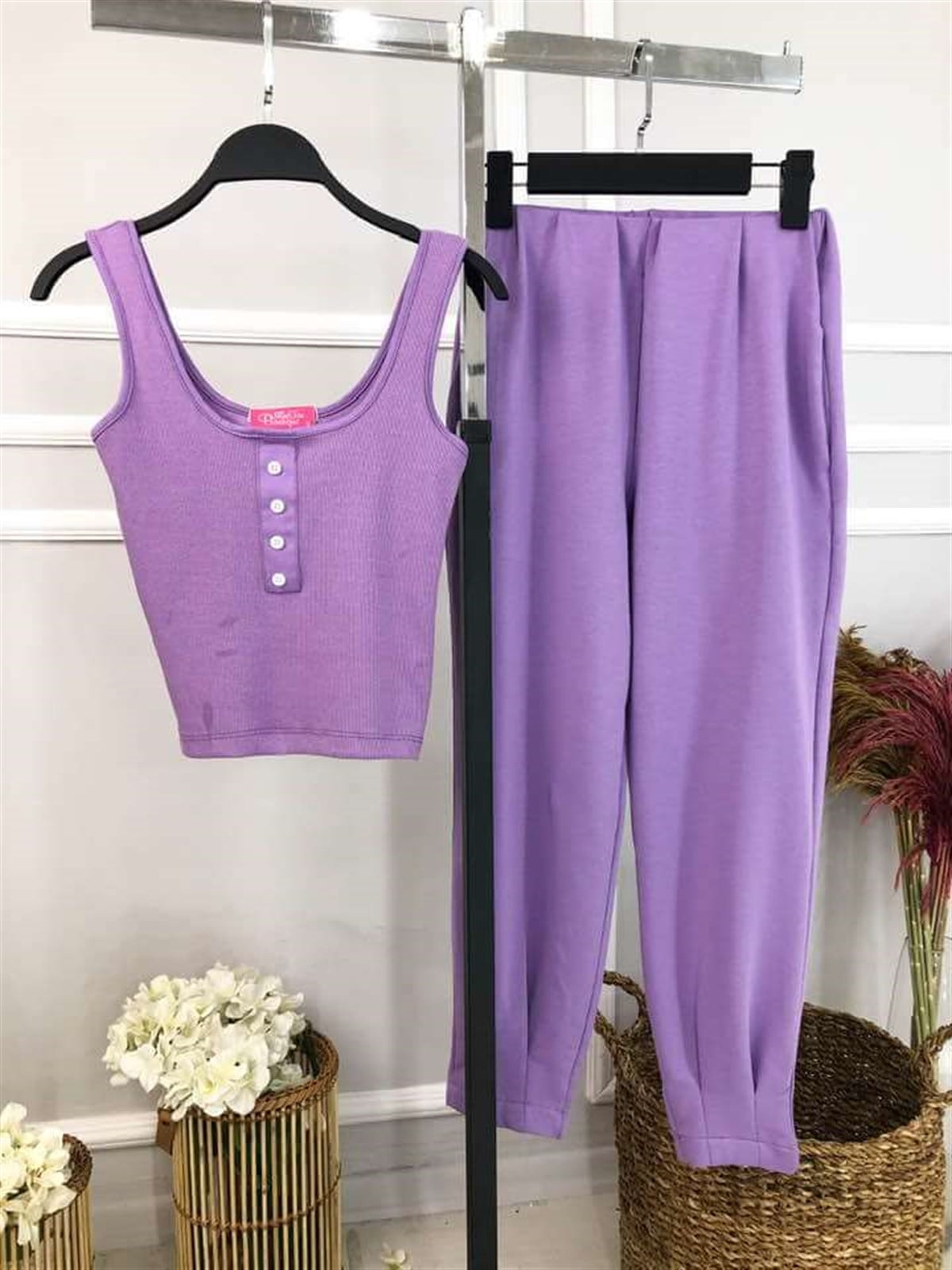 Fitilli Atlet Crop Lila Eşofman  Altı Takım
