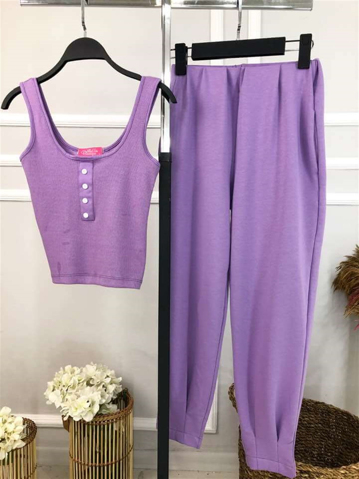 Fitilli Atlet Crop Lila Eşofman  Altı Takım