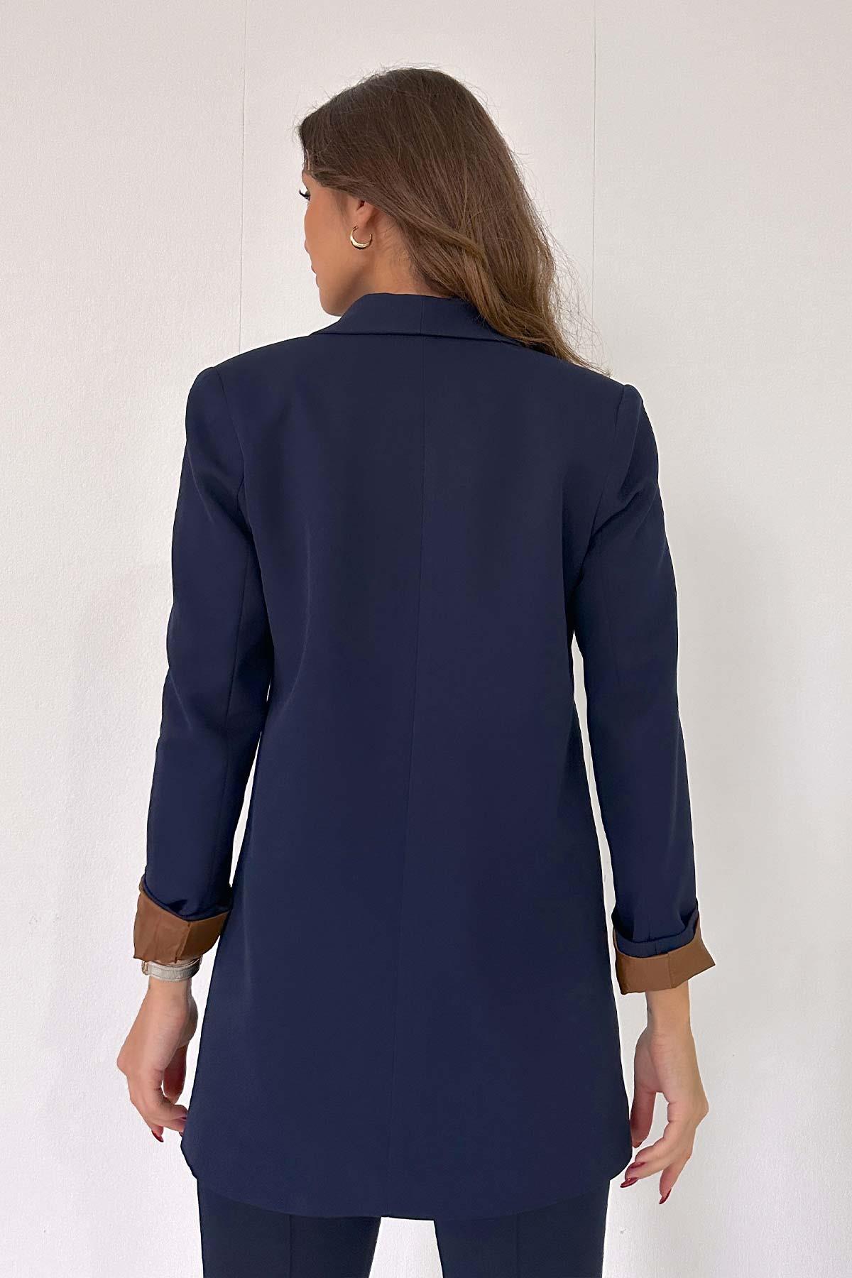 Gold Düğmeli Astarlı Blazer Ceket - Lacivert