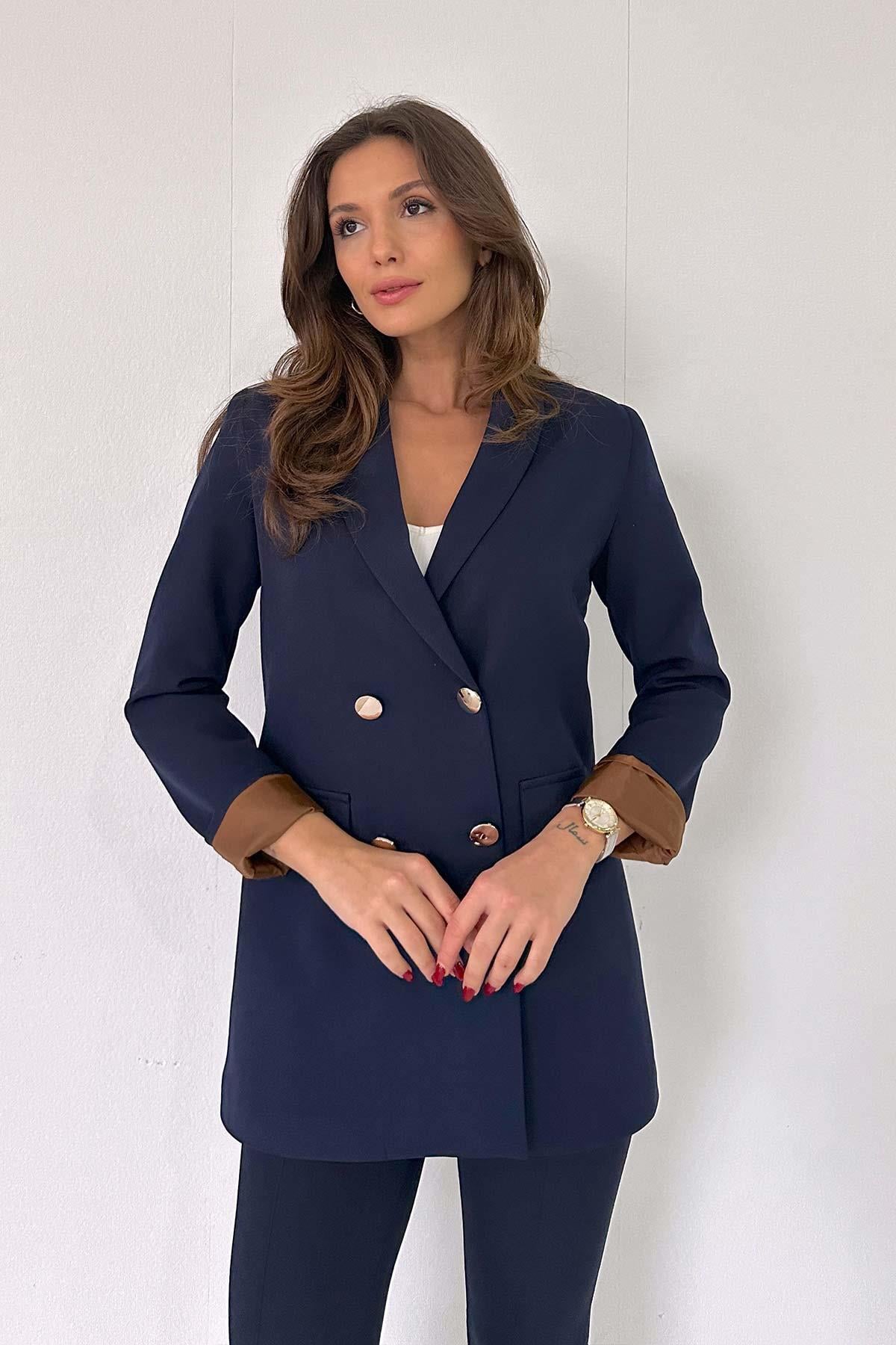 Gold Düğmeli Astarlı Blazer Ceket - Lacivert
