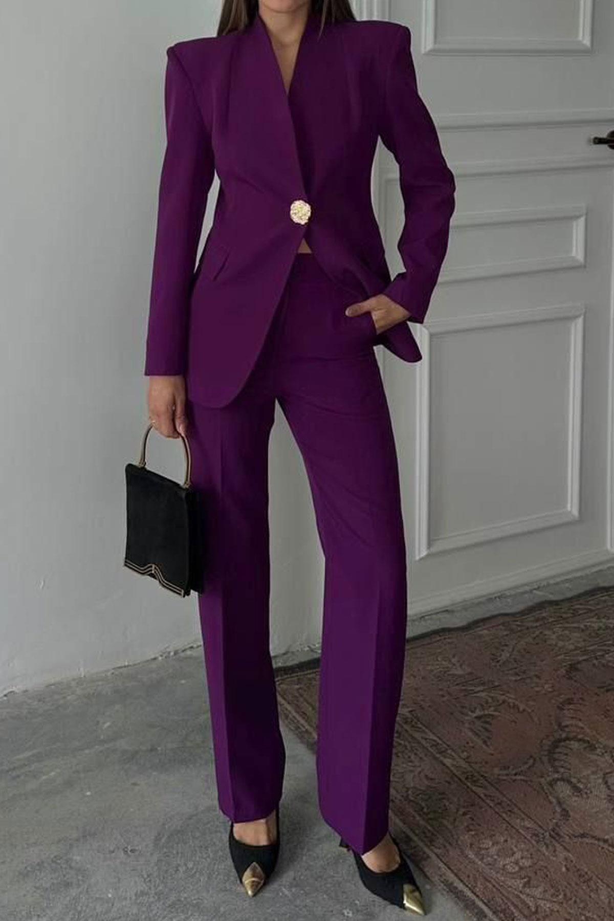 Gold Düğmeli Ceket Pantalon Kadın Takım - Bordo