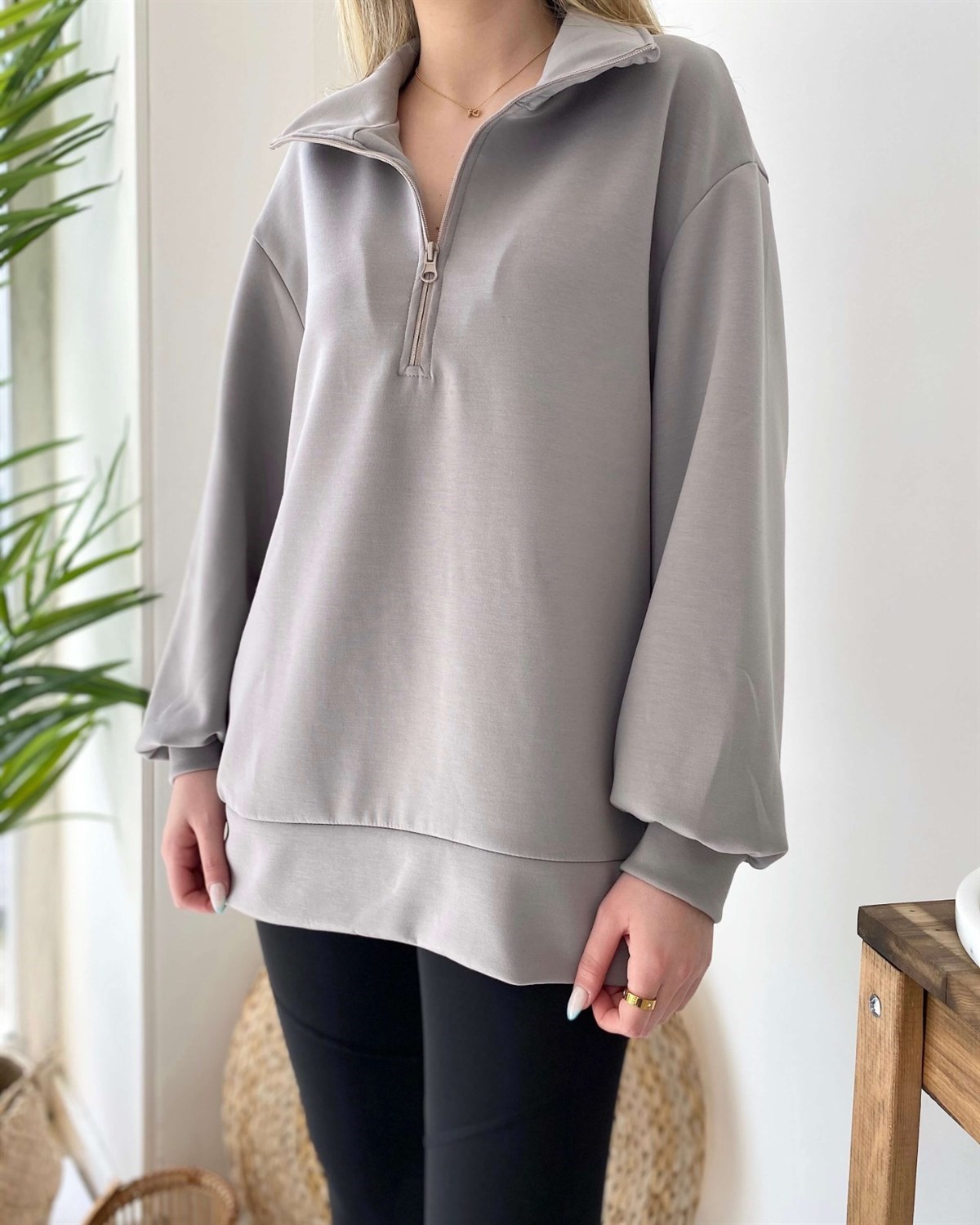 Half Fermuarlı Sweatshirt - Gri